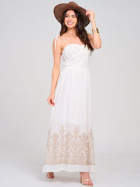 WOMEN'S SLEEVELESS SMOCK EYELET EMBROIDERY MAXI DRESS
