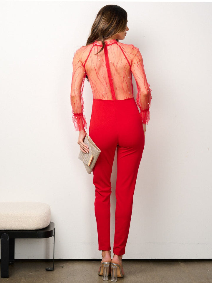 WOMEN'S LONG SLEEVE OPEN BACK MESH DETAILED JUMPSUIT