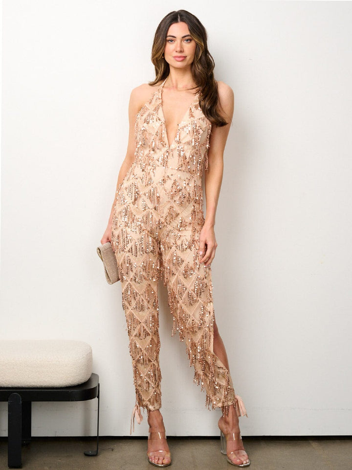 WOMEN'S SLEEVELESS V-NECK OPEN BACK LEG DETAILED JUMPSUIT