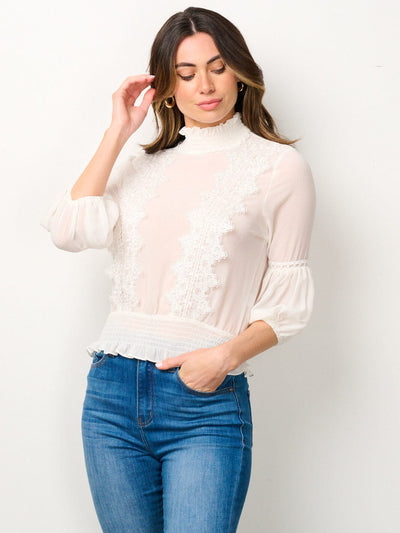 WOMEN'S 3/4 SLEEVES TURTLE NECK DETAILED BLOUSE TOP