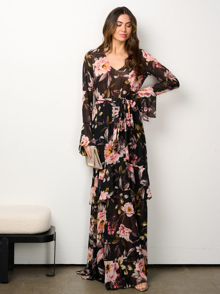 WOMEN'S LONG SLEEVE ELASTIC WAIST V-NECK FLORAL MAXI DRESS