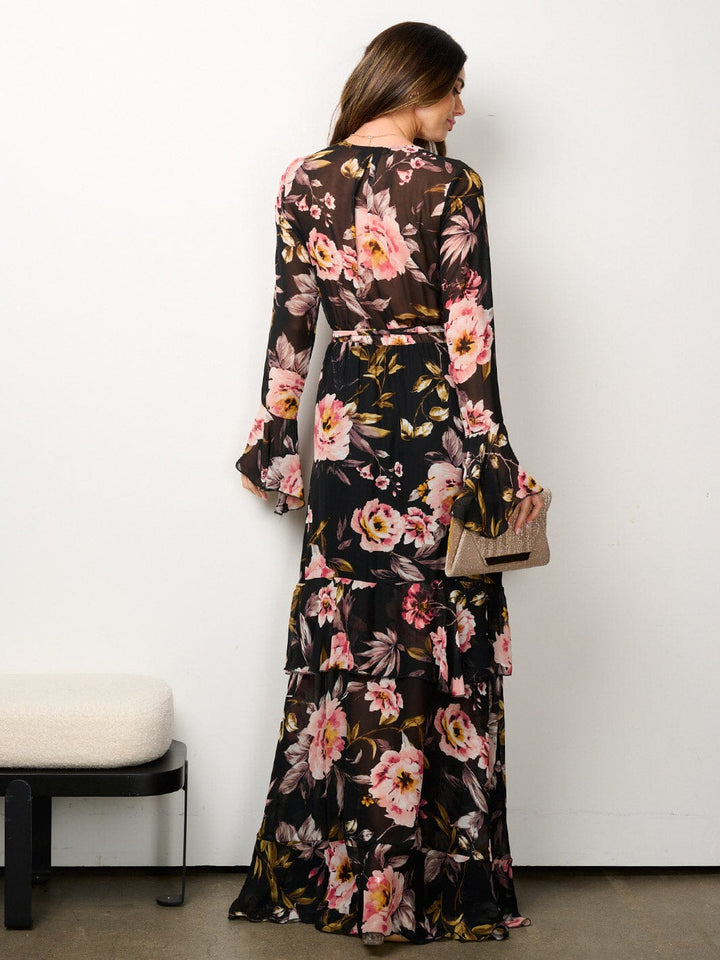 WOMEN'S LONG SLEEVE ELASTIC WAIST V-NECK FLORAL MAXI DRESS
