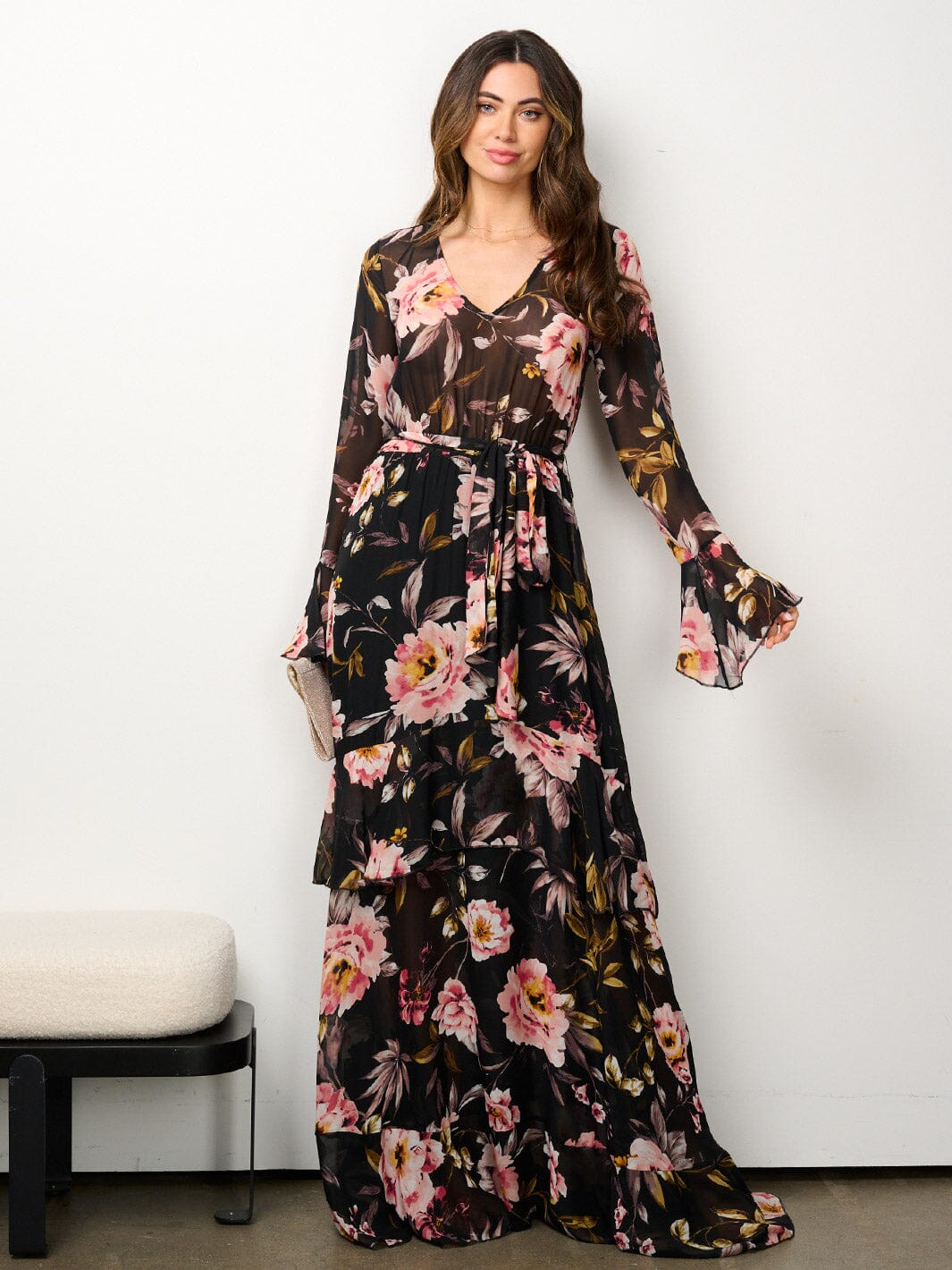 WOMEN'S LONG SLEEVE ELASTIC WAIST V-NECK FLORAL MAXI DRESS