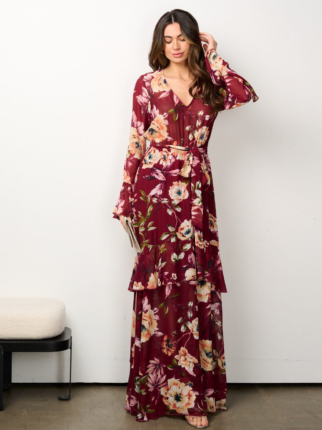 WOMEN'S LONG SLEEVE ELASTIC WAIST V-NECK FLORAL MAXI DRESS