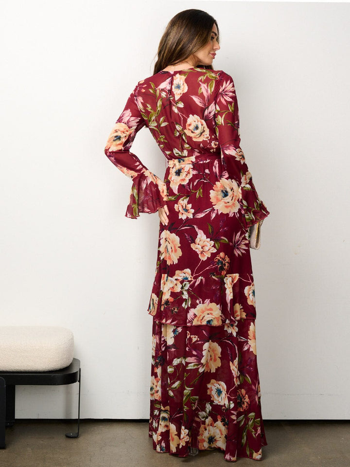 WOMEN'S LONG SLEEVE ELASTIC WAIST V-NECK FLORAL MAXI DRESS