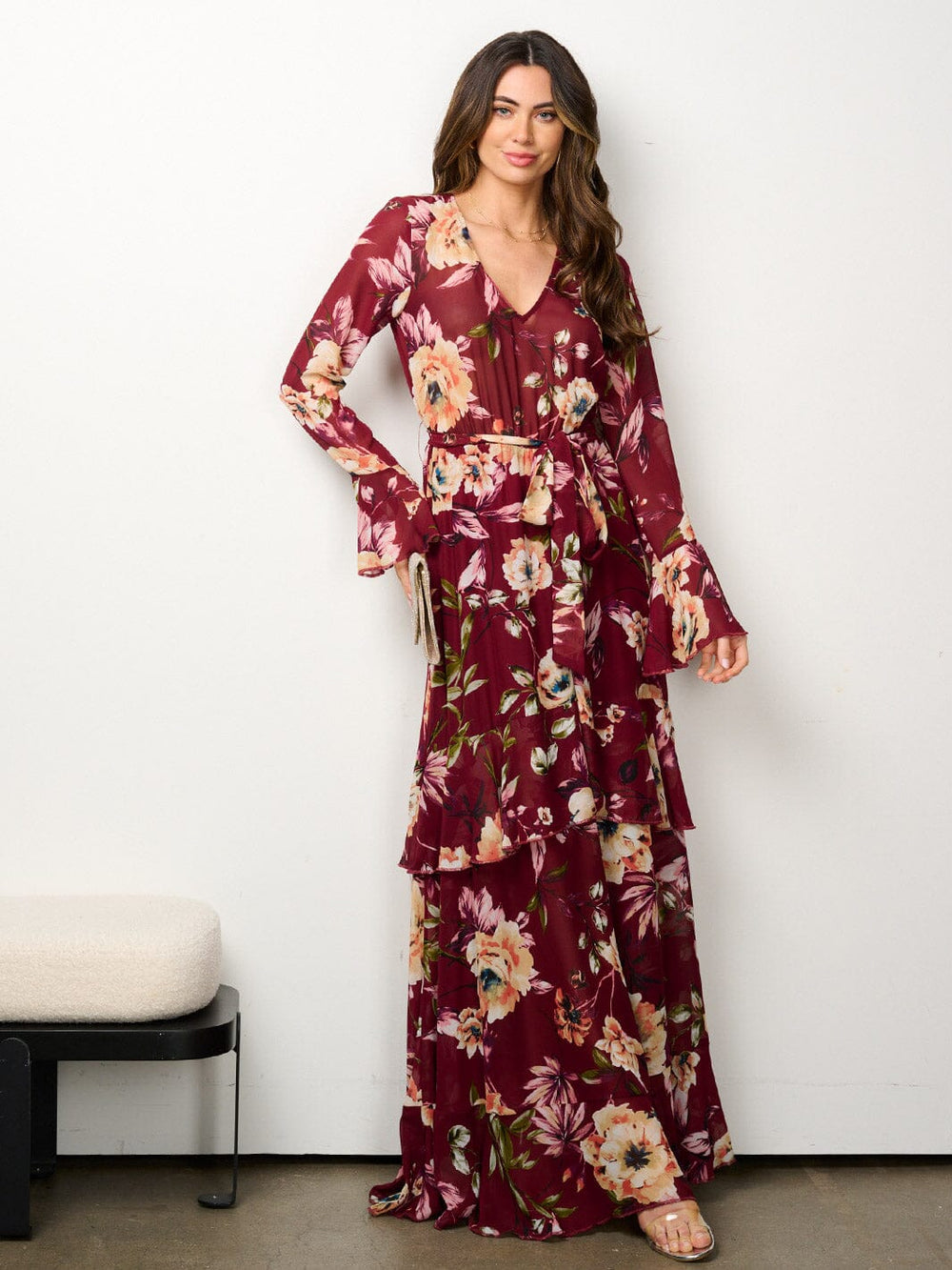 WOMEN'S LONG SLEEVE ELASTIC WAIST V-NECK FLORAL MAXI DRESS