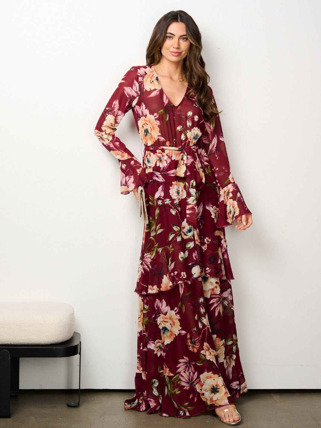 WOMEN'S LONG SLEEVE ELASTIC WAIST V-NECK FLORAL MAXI DRESS