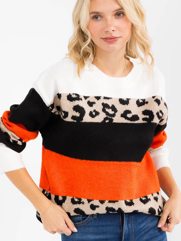 WOMEN'S LONG SLEEVE COLORBLOCK ANIMAL PRINT PULLOVER SWEATER