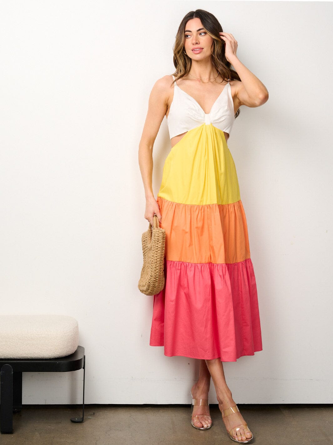 WOMEN'S SLEEVELESS V-NECK TIERED COLORBLOCK MIDI DRESS