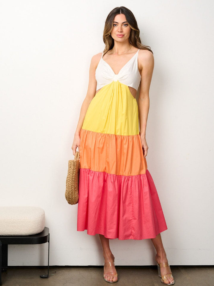 WOMEN'S SLEEVELESS V-NECK TIERED COLORBLOCK MIDI DRESS