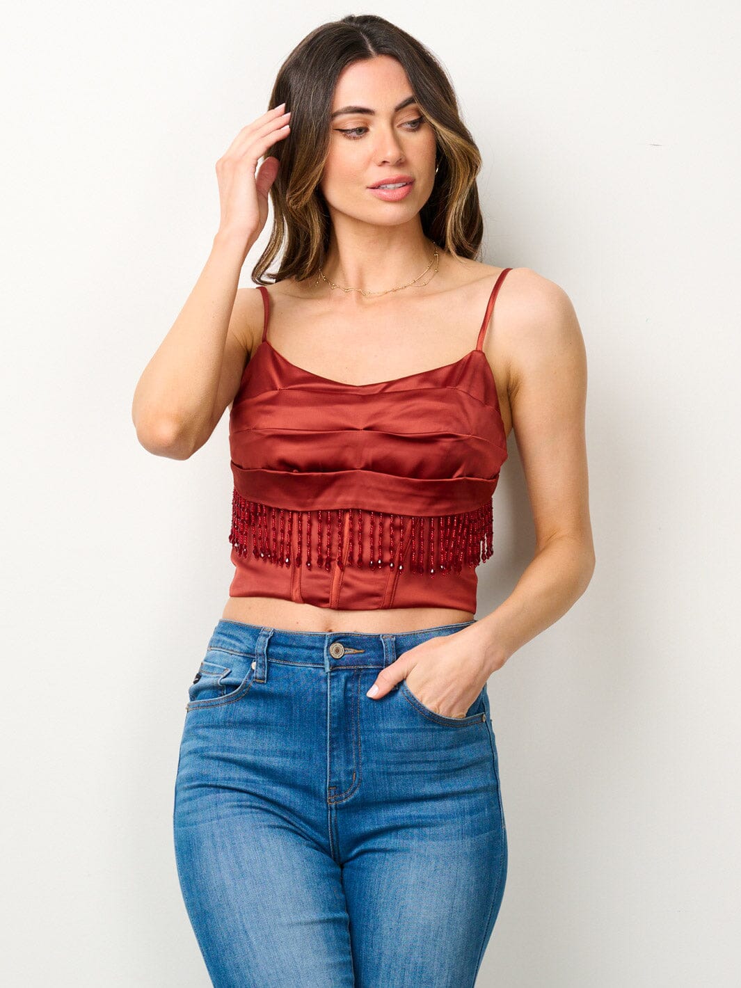 WOMEN'S SLEEVELESS TASSEL STUDS DETAILED TANK TOP