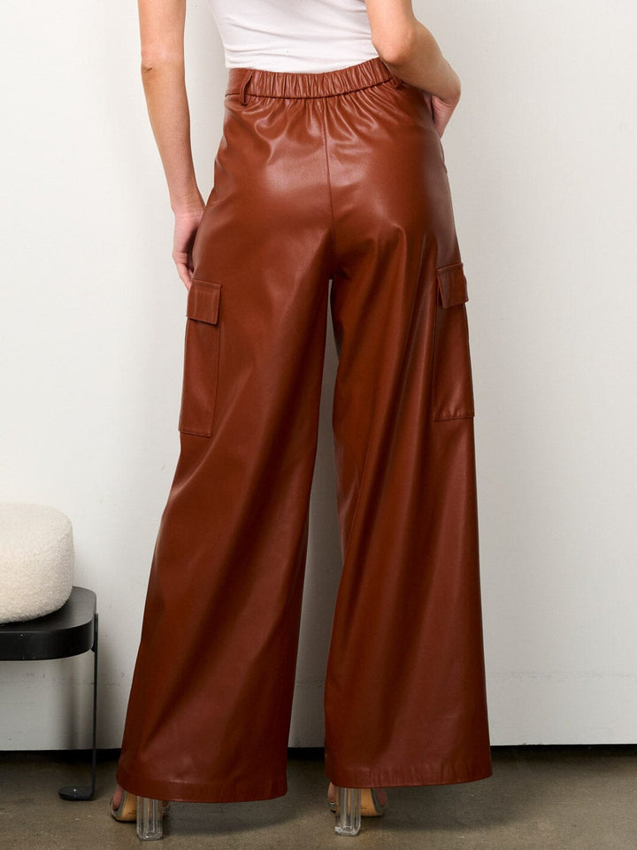 WOMEN'S BUTTON CLOSURE PU PLEATHER WIDE LEG PANTS