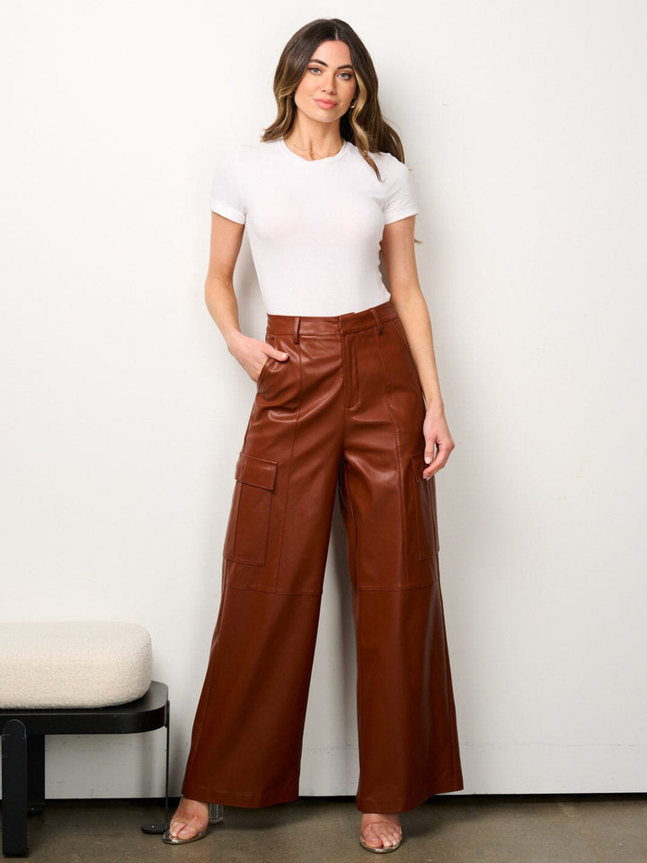 WOMEN'S BUTTON CLOSURE PU PLEATHER WIDE LEG PANTS