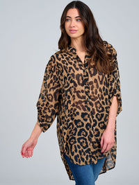 WOMEN'S LONG SLEEVE BUTTON CLOSURE FRONT POCKETS HIGH-LOW ANIMAL PRINT TOP