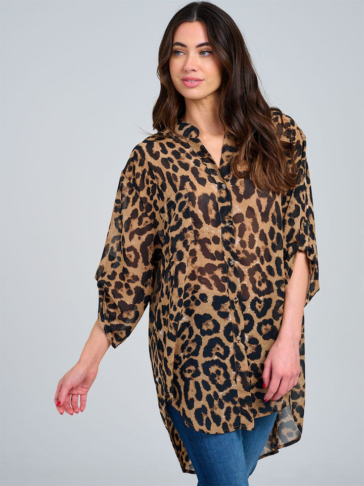 WOMEN'S LONG SLEEVE BUTTON CLOSURE FRONT POCKETS HIGH-LOW ANIMAL PRINT TOP