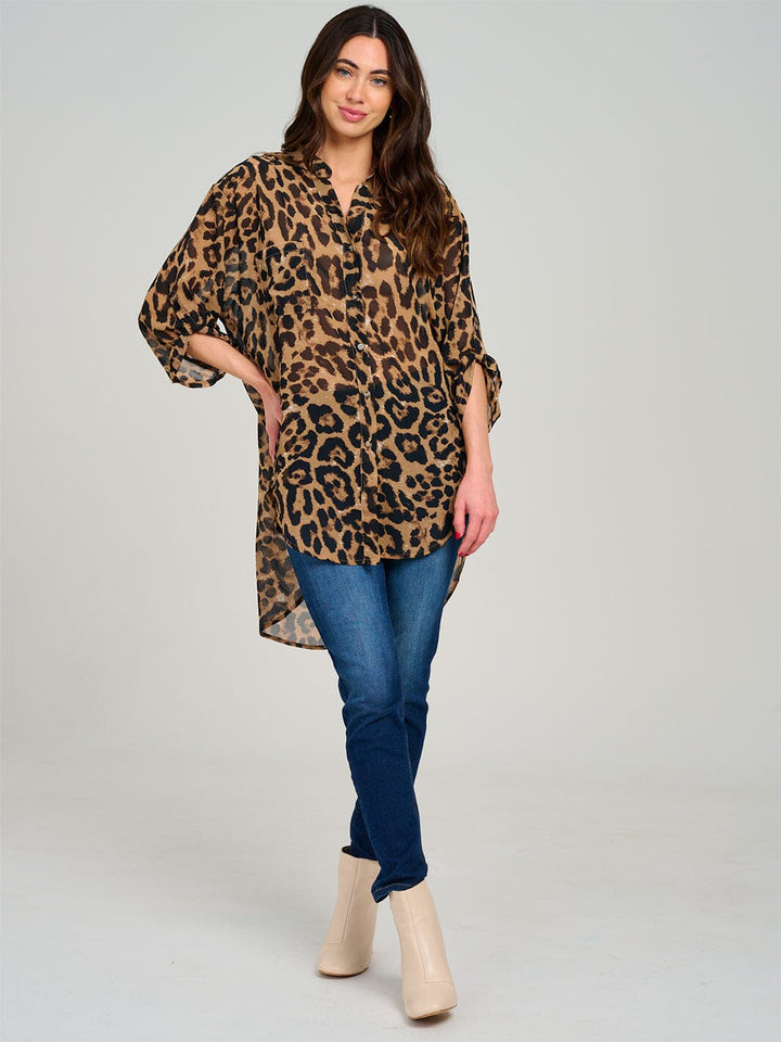 WOMEN'S LONG SLEEVE BUTTON CLOSURE FRONT POCKETS HIGH-LOW ANIMAL PRINT TOP