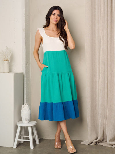 WOMEN'S SLEEVELESS COLORBLOCK TIERED MIDI DRESS