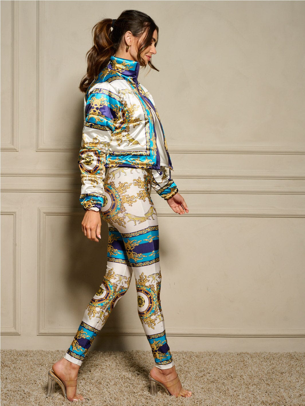 WOMEN'S LONG SLEEVE JACKET & ELASTIC WAIST PANTS MULTI PRINT 2PC. SET