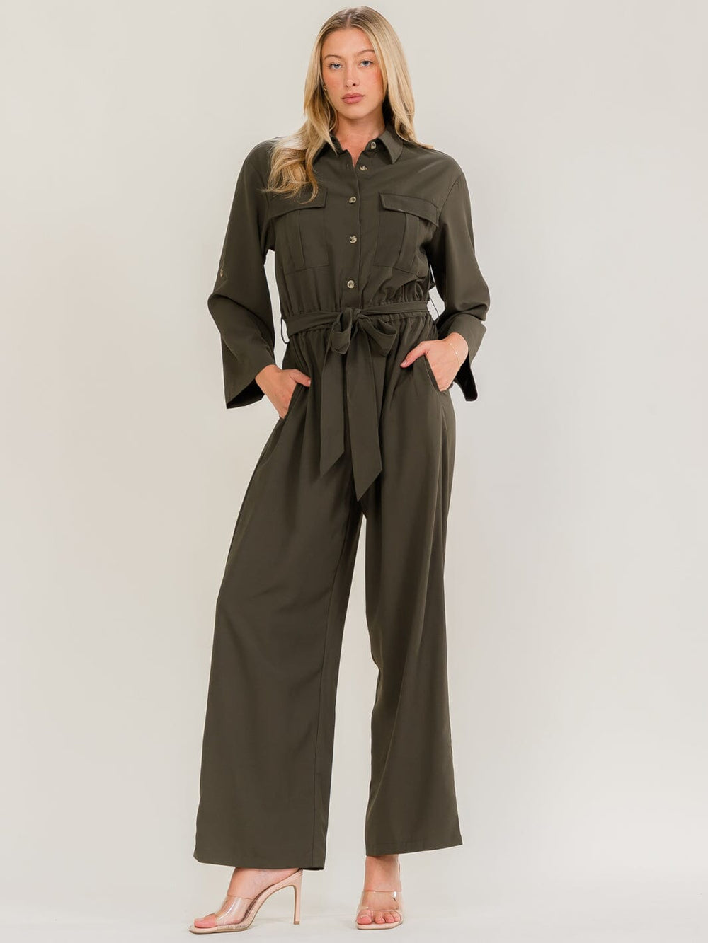 WOMEN'S LONG SLEEVE BUTTON UP FRONT POCKETS ELASTIC WAIST WIDE LEG JUMPSUIT