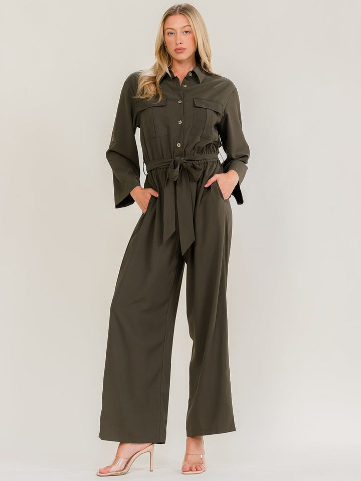 WOMEN'S LONG SLEEVE BUTTON UP FRONT POCKETS ELASTIC WAIST WIDE LEG JUMPSUIT