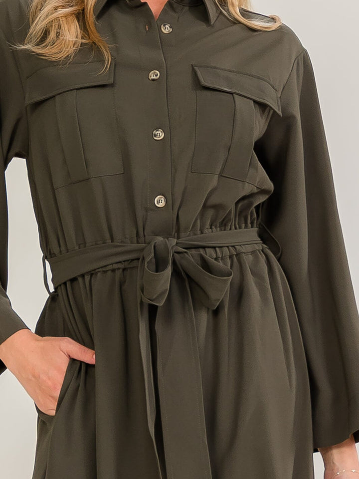 WOMEN'S LONG SLEEVE BUTTON UP FRONT POCKETS ELASTIC WAIST WIDE LEG JUMPSUIT