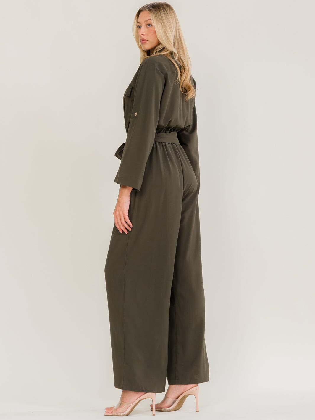 WOMEN'S LONG SLEEVE BUTTON UP FRONT POCKETS ELASTIC WAIST WIDE LEG JUMPSUIT