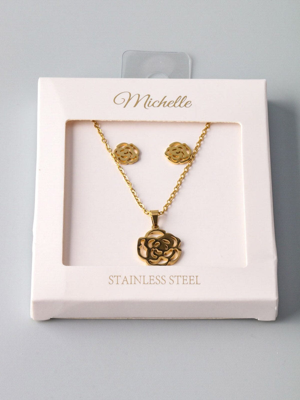 WOMEN'S STAINLESS STEEL GOLD FLOWER EARRINGS & NECKLACE SET
