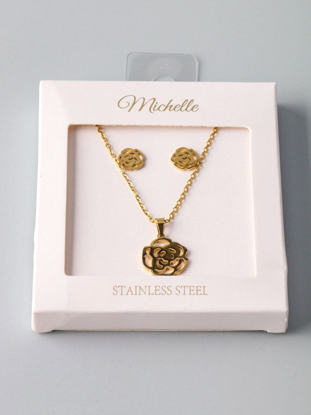 WOMEN'S STAINLESS STEEL GOLD FLOWER EARRINGS & NECKLACE SET