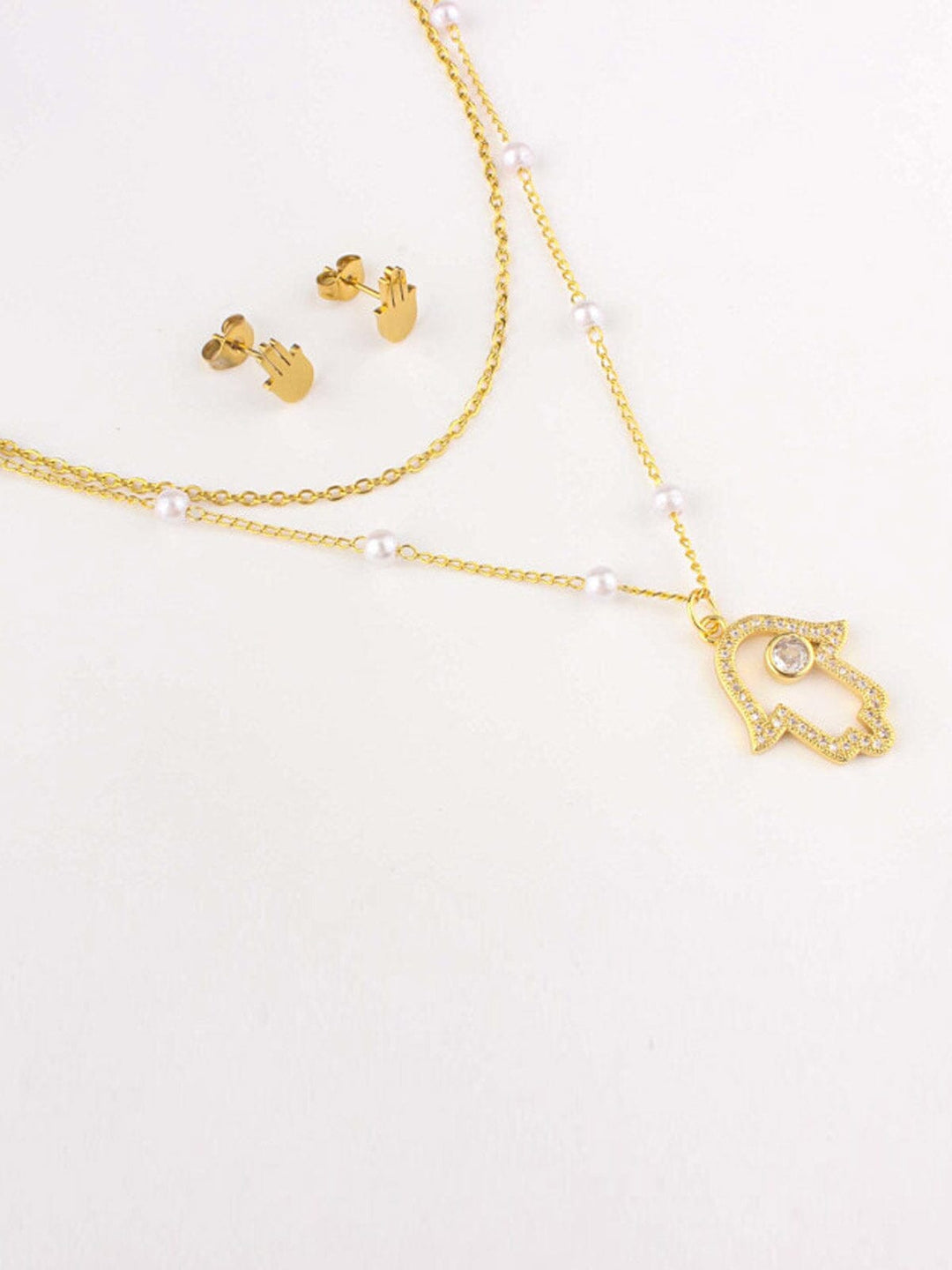 WOMEN'S STAINLESS STEEL GOLD HEMSA EARRINGS & NECKLACE SET