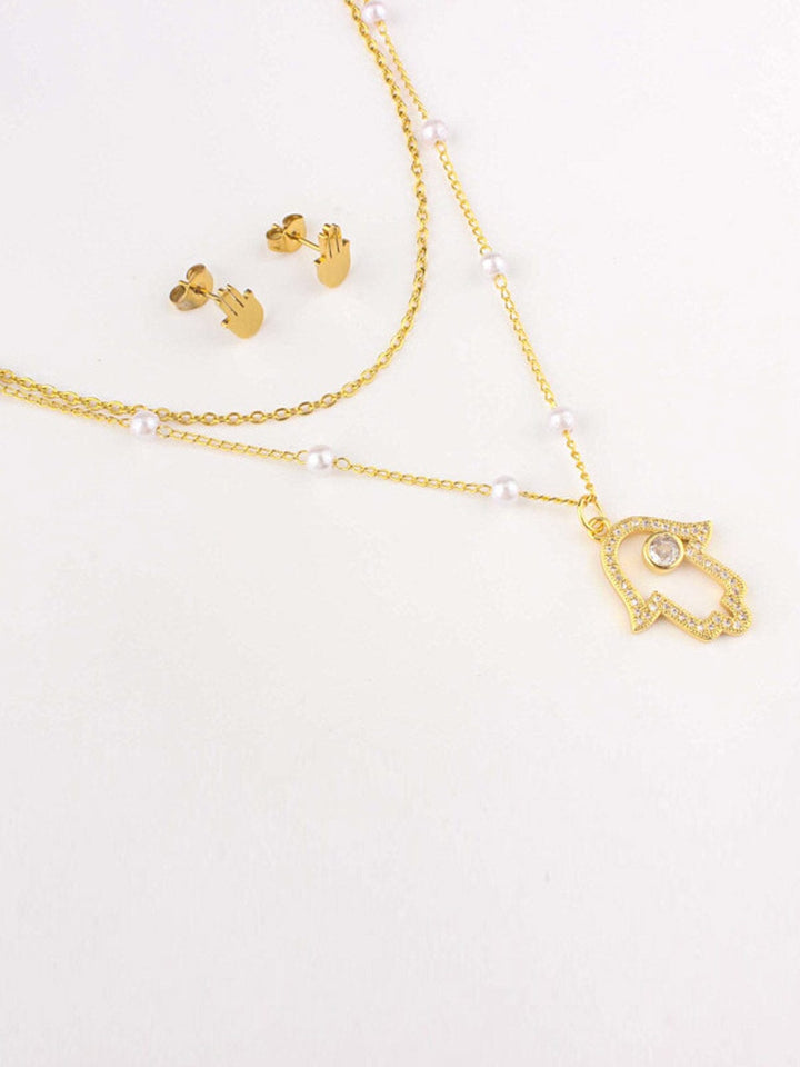 WOMEN'S STAINLESS STEEL GOLD HEMSA EARRINGS & NECKLACE SET