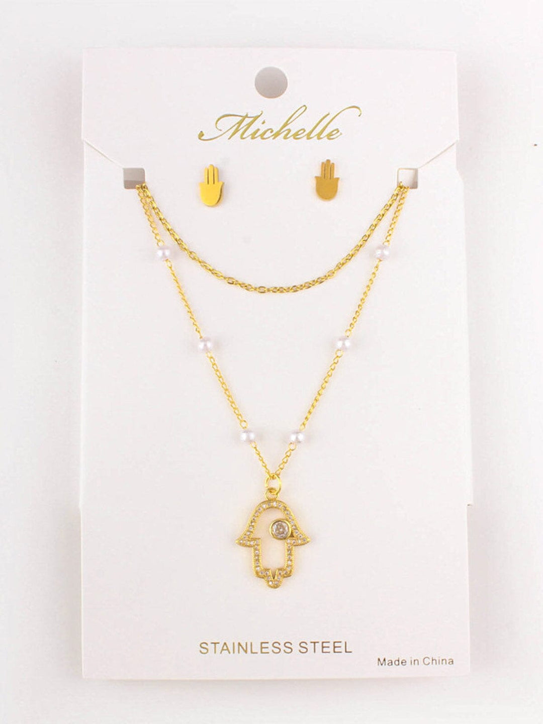 WOMEN'S STAINLESS STEEL GOLD HEMSA EARRINGS & NECKLACE SET