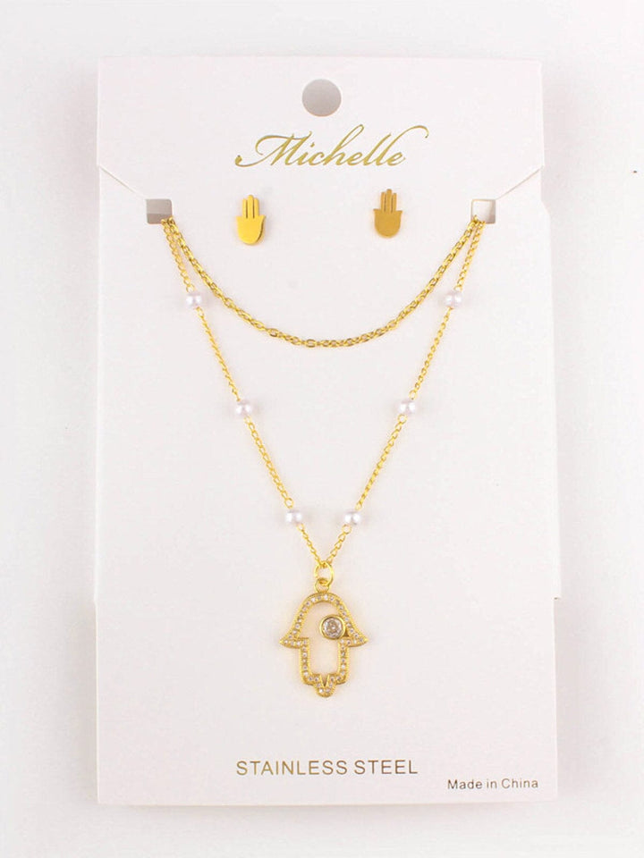 WOMEN'S STAINLESS STEEL GOLD HEMSA EARRINGS & NECKLACE SET