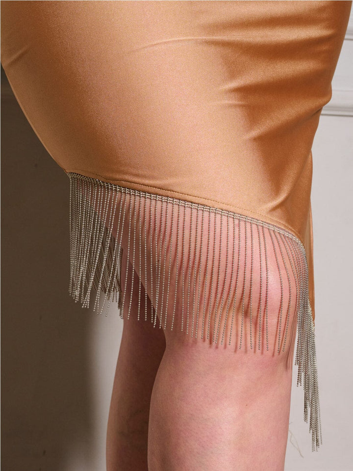 PLUS SIZE SLEEVELESS BODYCON HIGH-LOW FRINGE OPEN BACK MINI DRESS