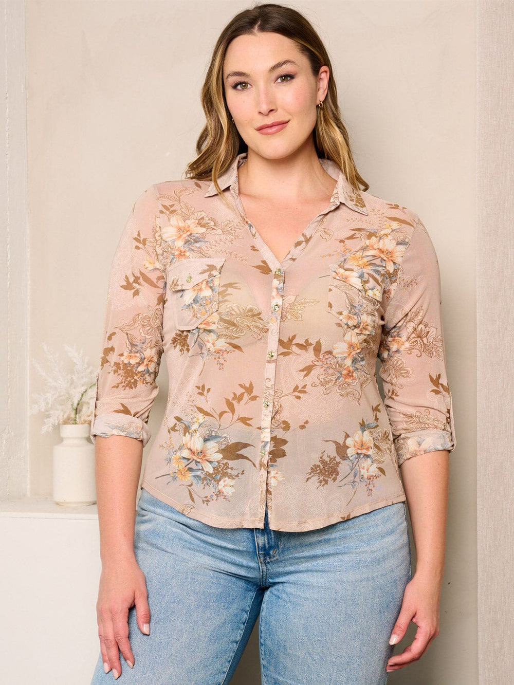 PLUS SIZE LONG SLEEVE BUTTON UP FLORAL PRINT BLOUSE TOP