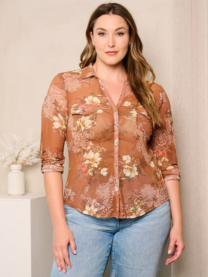 PLUS SIZE LONG SLEEVE BUTTON UP FLORAL PRINT BLOUSE TOP