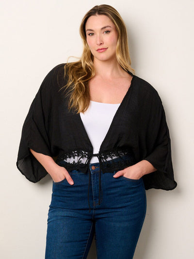 PLUS SIZE 3/4 SLEEVE LACE DETAILED OPEN FRONT CARDIGAN