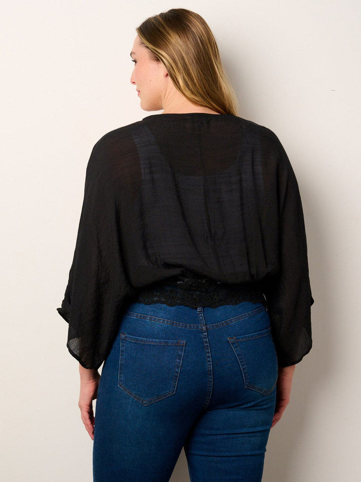 PLUS SIZE 3/4 SLEEVE LACE DETAILED OPEN FRONT CARDIGAN