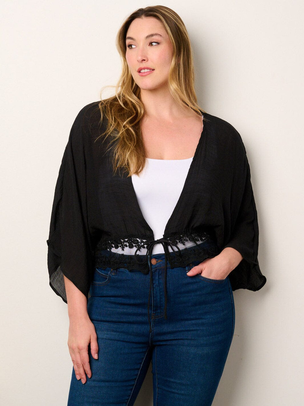 PLUS SIZE 3/4 SLEEVE LACE DETAILED OPEN FRONT CARDIGAN