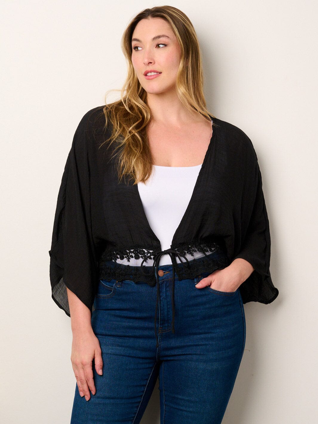 PLUS SIZE 3/4 SLEEVE LACE DETAILED OPEN FRONT CARDIGAN