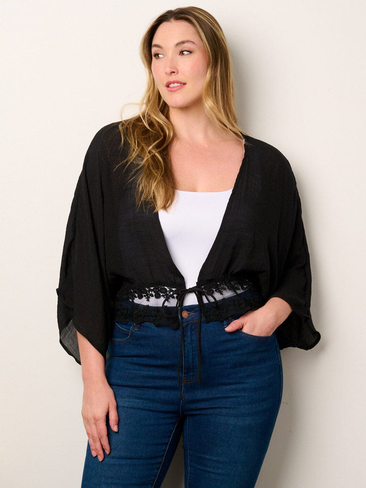 PLUS SIZE 3/4 SLEEVE LACE DETAILED OPEN FRONT CARDIGAN