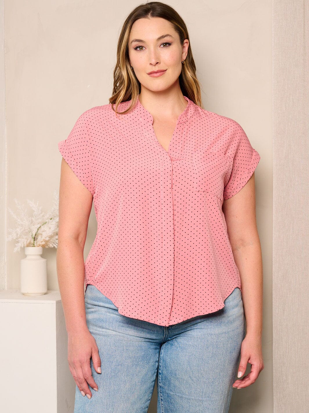 PLUS SIZE SHORT SLEEVE BUTTON UP POLKA DOTS BLOUSE TOP
