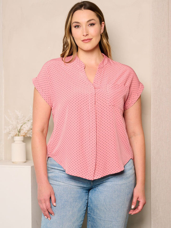 PLUS SIZE SHORT SLEEVE BUTTON UP POLKA DOTS BLOUSE TOP