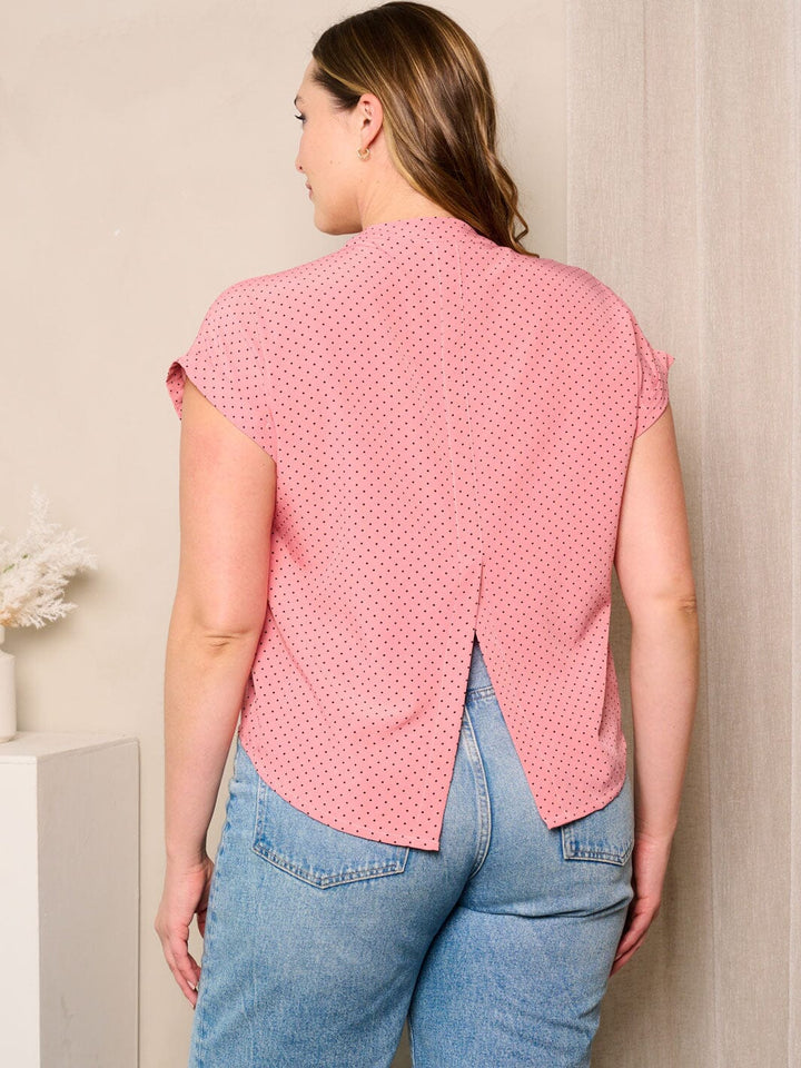 PLUS SIZE SHORT SLEEVE BUTTON UP POLKA DOTS BLOUSE TOP