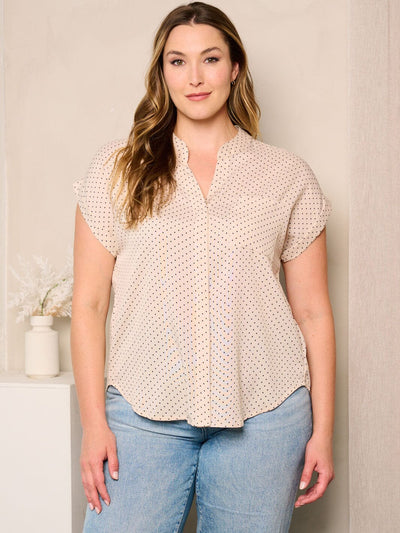 PLUS SIZE SHORT SLEEVE BUTTON UP POLKA DOTS BLOUSE TOP