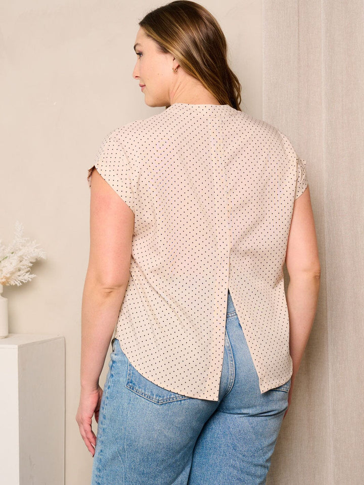 PLUS SIZE SHORT SLEEVE BUTTON UP POLKA DOTS BLOUSE TOP