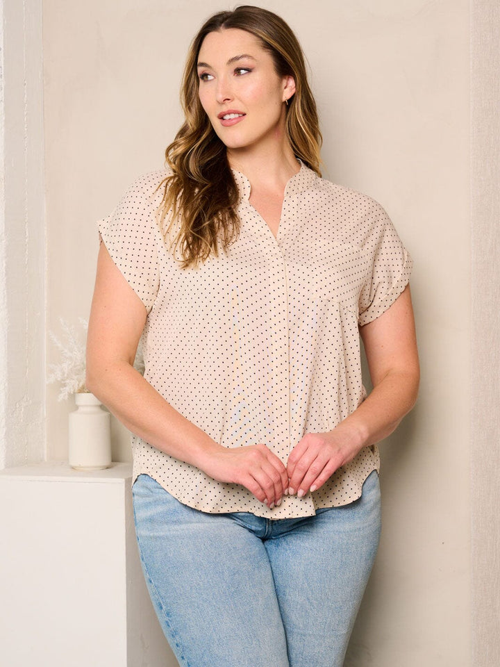 PLUS SIZE SHORT SLEEVE BUTTON UP POLKA DOTS BLOUSE TOP