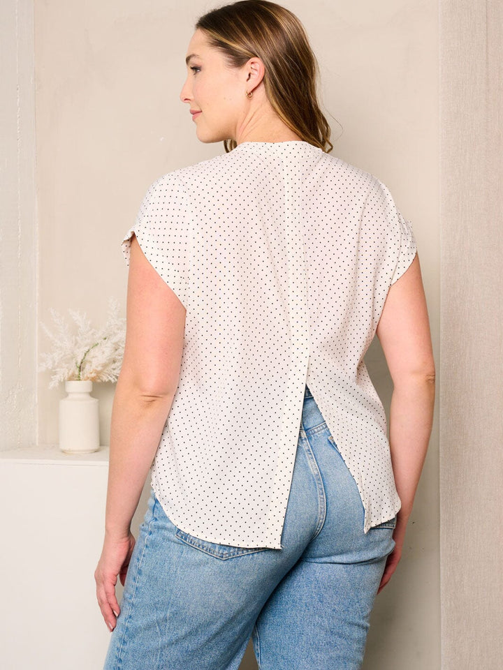 PLUS SIZE SHORT SLEEVE BUTTON UP POLKA DOTS BLOUSE TOP