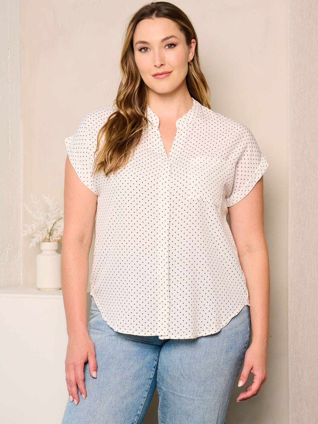 PLUS SIZE SHORT SLEEVE BUTTON UP POLKA DOTS BLOUSE TOP