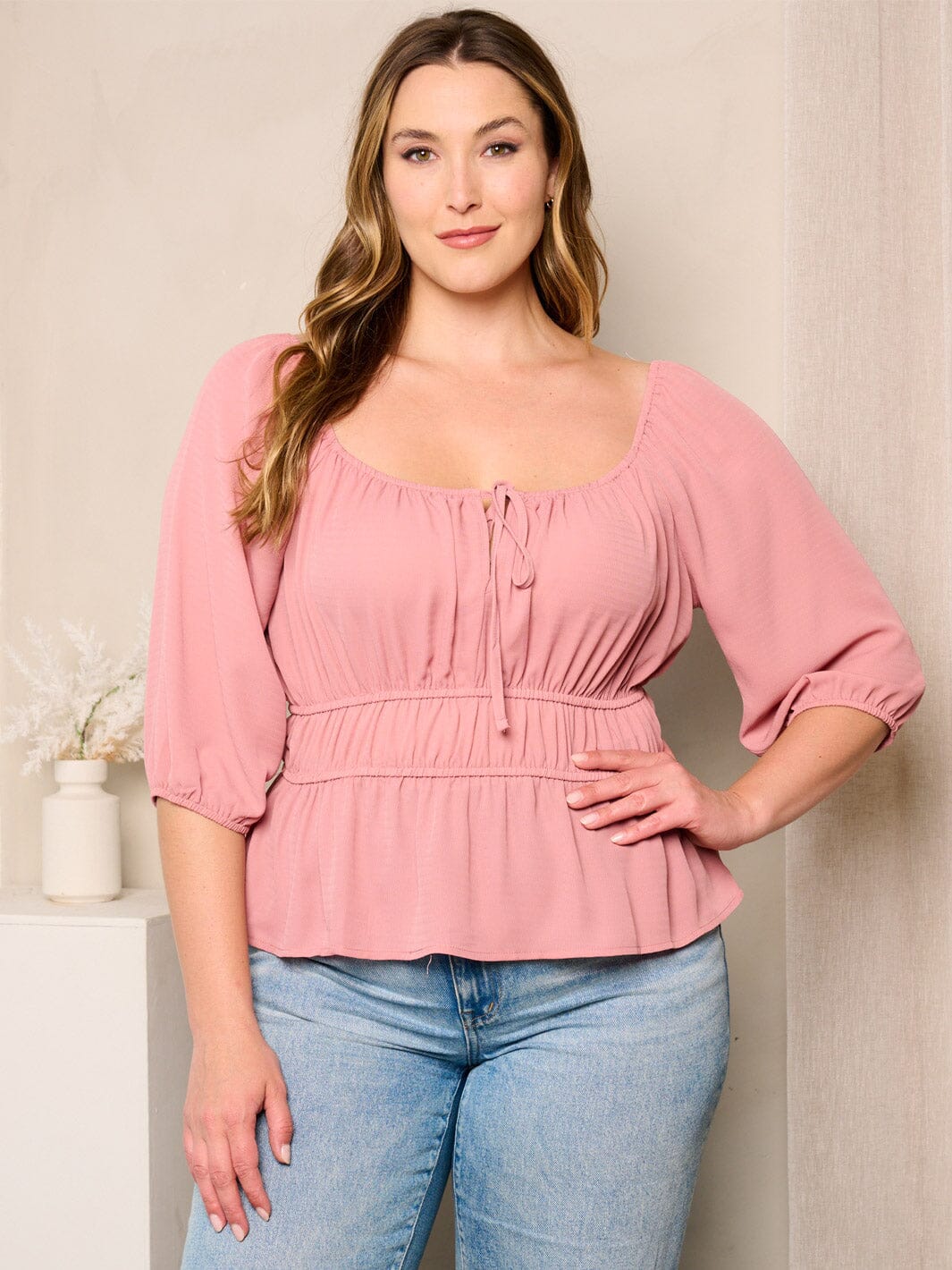 PLUS SIZE 3/4 SLEEVE PEPLUM BLOUSE TOP