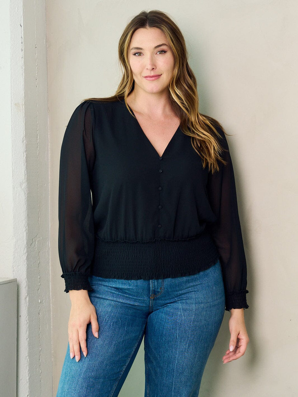 PLUS SIZE LONG SLEEVE V-NECK BLOUSE TOP